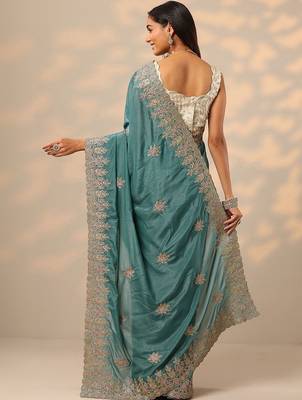 teal embroidered saree with unstitched blouse piece 3