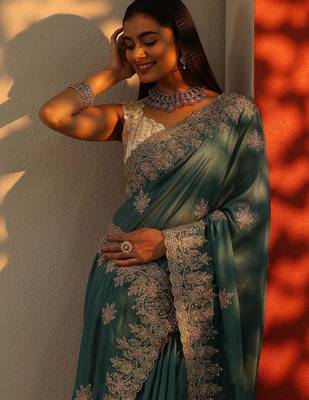 teal embroidered saree with unstitched blouse piece 4