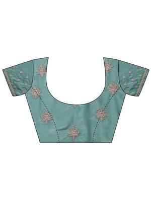 teal embroidered saree with unstitched blouse piece 5
