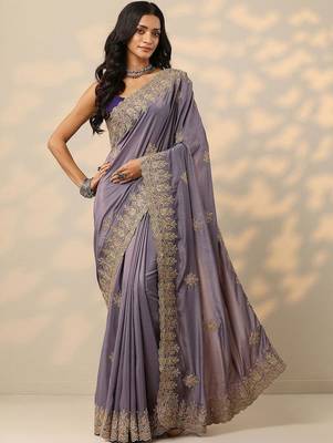 purple embroidered saree with unstitched blouse piece 1
