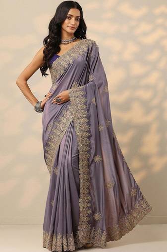 purple embroidered saree with unstitched blouse piece