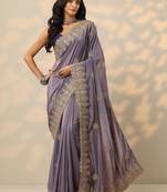 purple embroidered saree with unstitched blouse piece