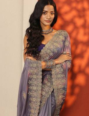 purple embroidered saree with unstitched blouse piece 2