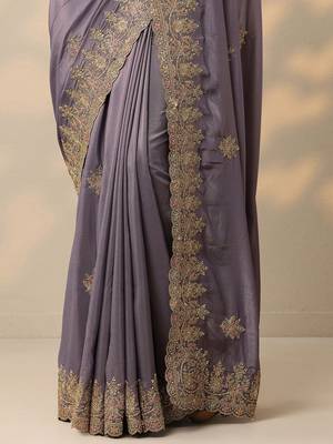 purple embroidered saree with unstitched blouse piece 3
