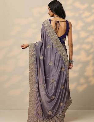 purple embroidered saree with unstitched blouse piece 4