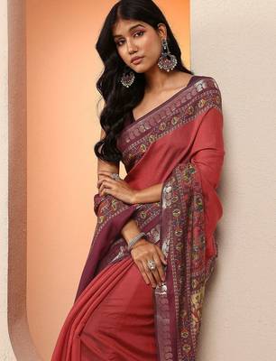 red printed saree with unstitched blouse piece 1
