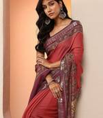 red printed saree with unstitched blouse piece