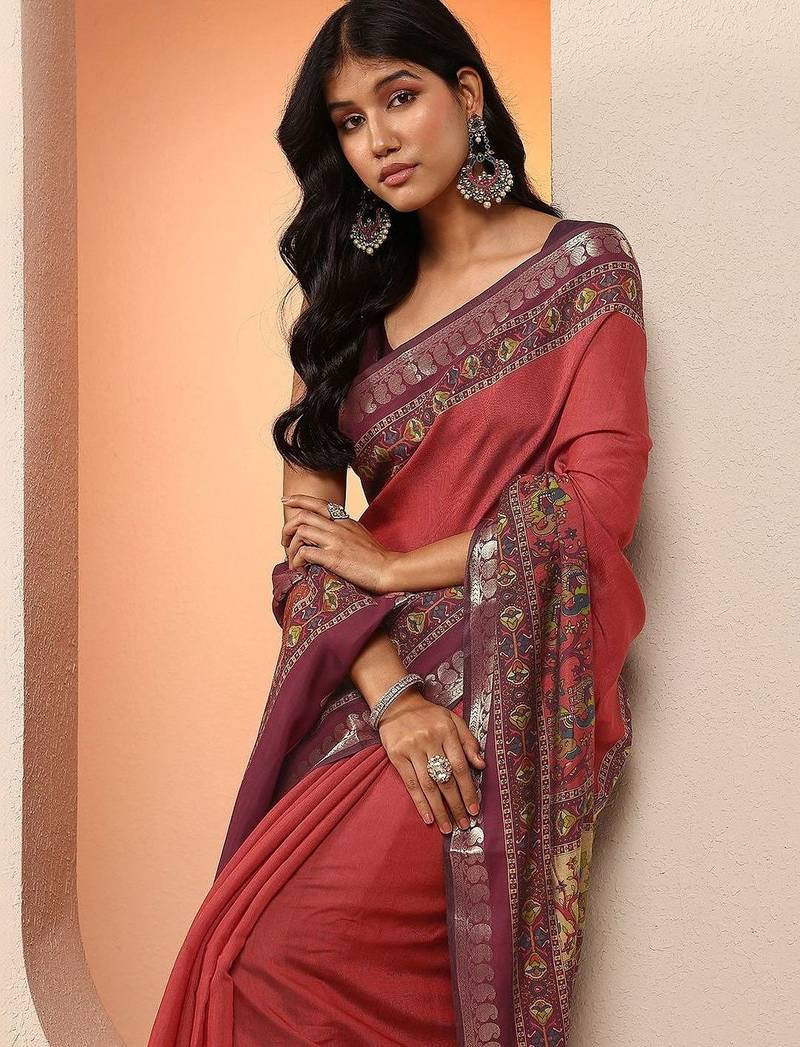 red printed saree with unstitched blouse piece