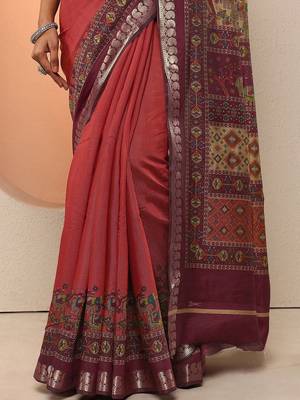 red printed saree with unstitched blouse piece 3