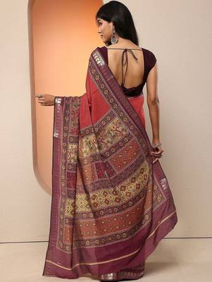 red printed saree with unstitched blouse piece 5