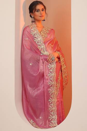 pink embroidered organza saree with unstitched blouse piece