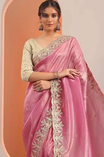 pink embroidered organza saree with unstitched blouse piece
