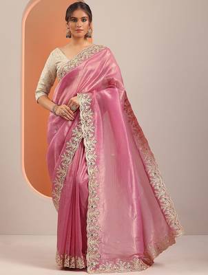 pink embroidered organza saree with unstitched blouse piece 3