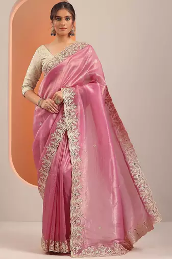 pink embroidered organza saree with unstitched blouse piece