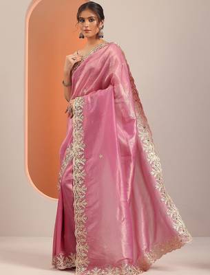 pink embroidered organza saree with unstitched blouse piece 4