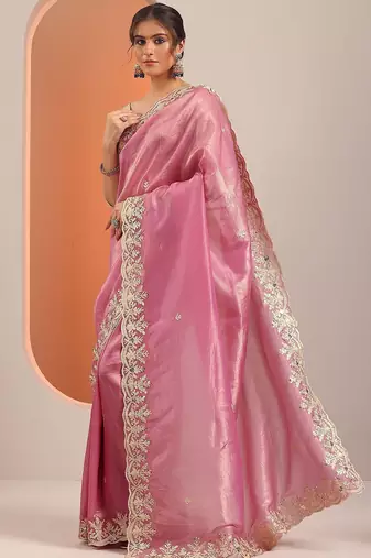pink embroidered organza saree with unstitched blouse piece