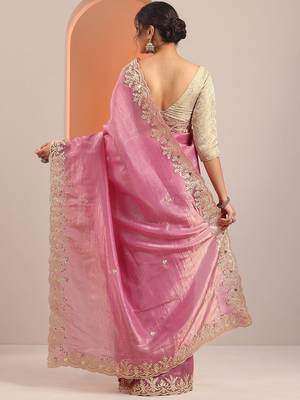 pink embroidered organza saree with unstitched blouse piece 5