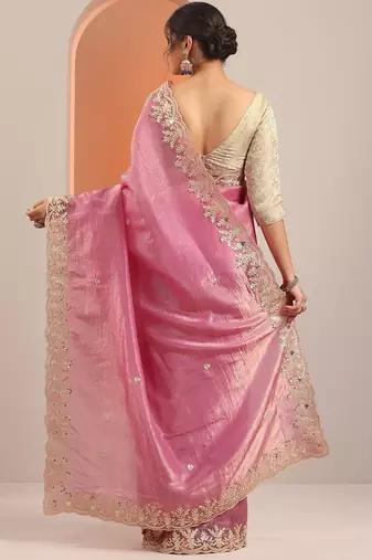 pink embroidered organza saree with unstitched blouse piece