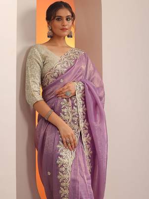 lavender embroidered organza saree with unstitched blouse piece 1