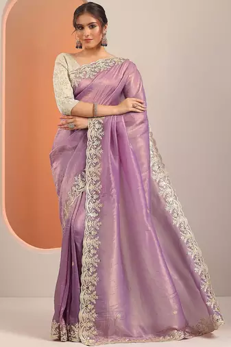 lavender embroidered organza saree with unstitched blouse piece