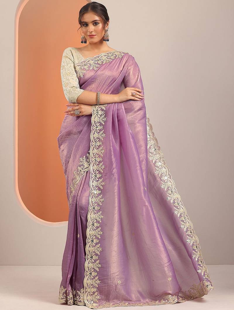 lavender embroidered organza saree with unstitched blouse piece