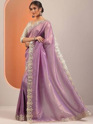 lavender embroidered organza saree with unstitched blouse piece 3