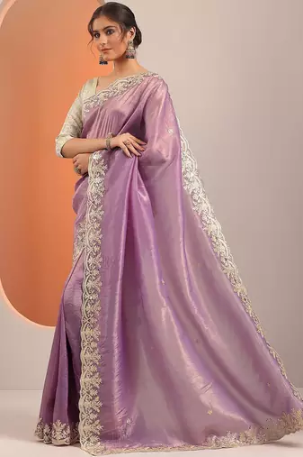 lavender embroidered organza saree with unstitched blouse piece