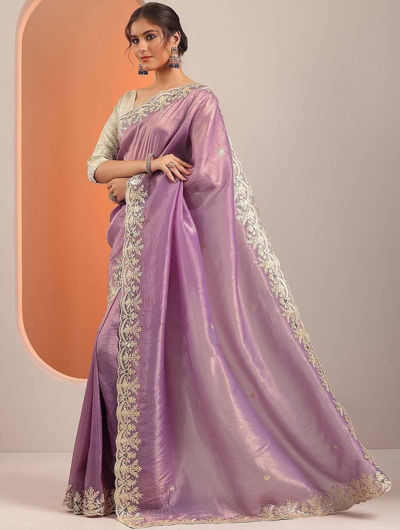 lavender embroidered organza saree with unstitched blouse piece