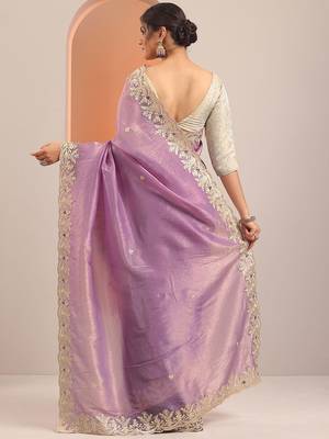lavender embroidered organza saree with unstitched blouse piece 4