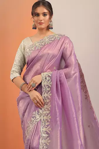 lavender embroidered organza saree with unstitched blouse piece