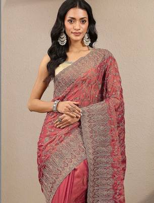 red embroidered saree with unstitched blouse piece 2