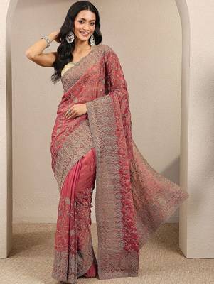 red embroidered saree with unstitched blouse piece 3