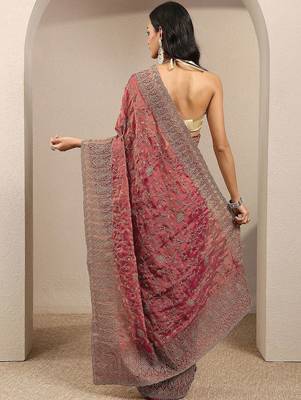 red embroidered saree with unstitched blouse piece 5