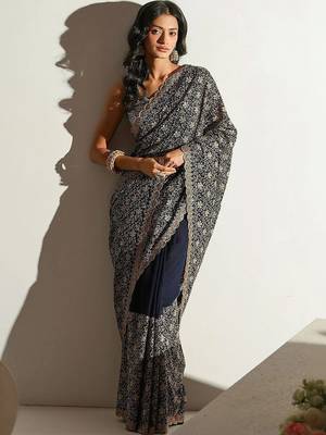 navy blue floral embroidered georgette saree 1