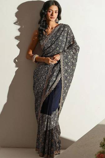navy blue floral embroidered georgette saree