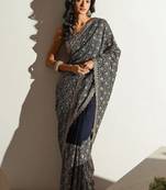 navy blue floral embroidered georgette saree