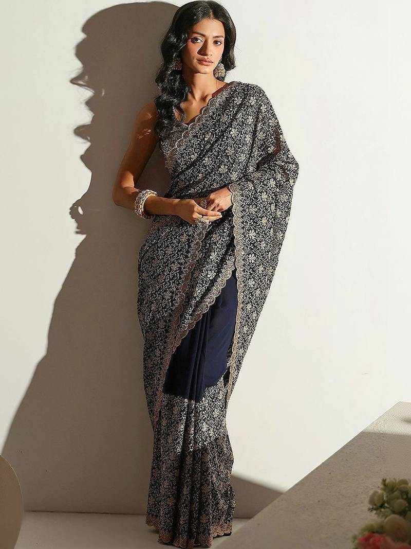 navy blue floral embroidered georgette saree