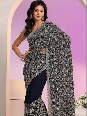 navy blue floral embroidered georgette saree 2