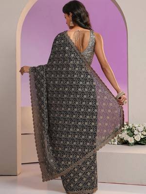navy blue floral embroidered georgette saree 3