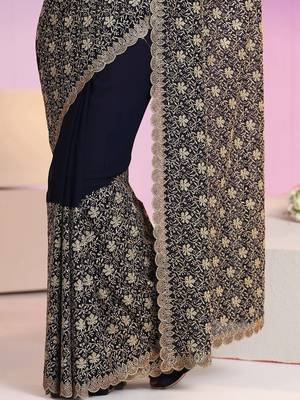 navy blue floral embroidered georgette saree 5