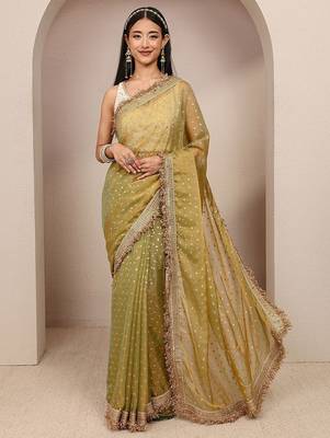 olive woven design tissue saree with unstitched blouse piece 1