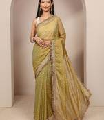 olive woven design tissue saree with unstitched blouse piece