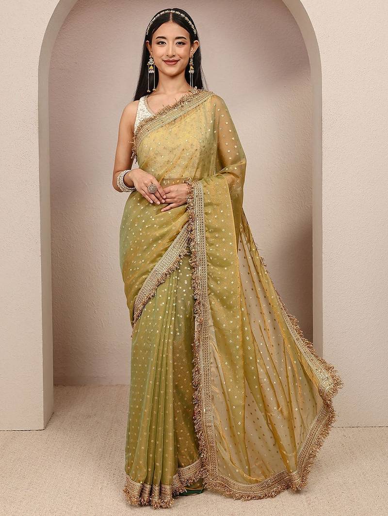 olive woven design tissue saree with unstitched blouse piece