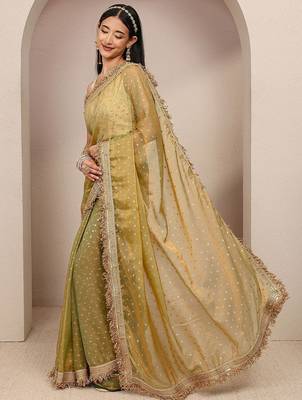 olive woven design tissue saree with unstitched blouse piece 2