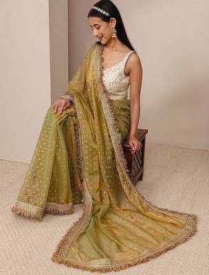 olive woven design tissue saree with unstitched blouse piece 4