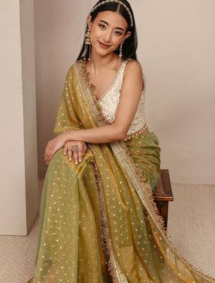 olive woven design tissue saree with unstitched blouse piece 5