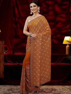 mustard floral embroidered georgette saree 1
