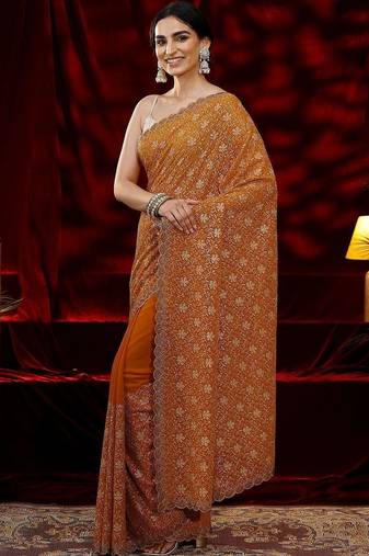 mustard floral embroidered georgette saree