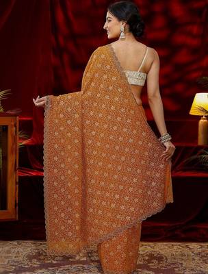 mustard floral embroidered georgette saree 2