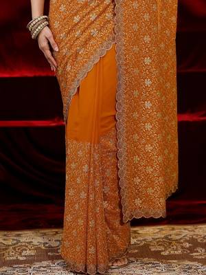 mustard floral embroidered georgette saree 4